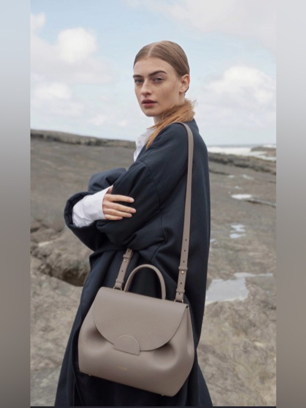Polene Numero Un Taupe Grey Leather Crossbody Flap Bag Excellent, Like-New